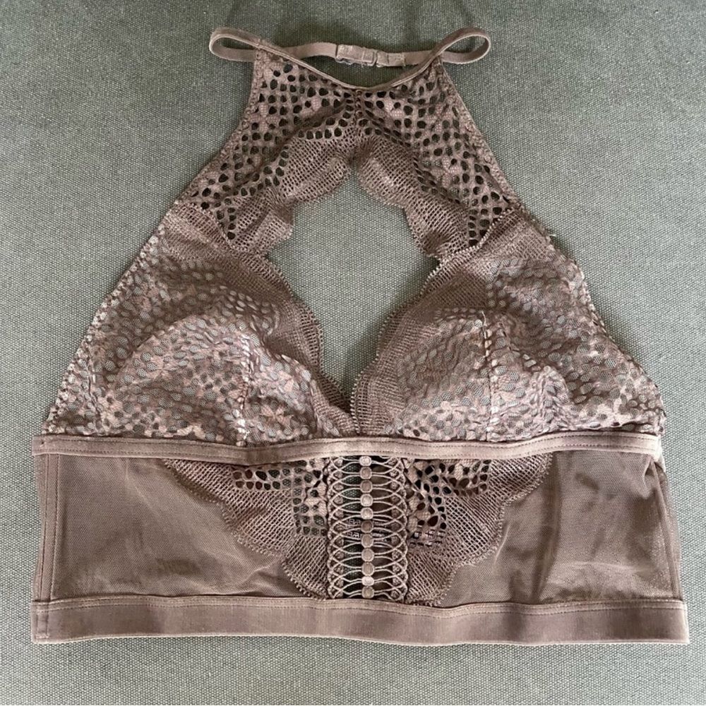 Victoria’s Secret Very Sexy Unlined Halter Bralette Brown lace & Velvet small